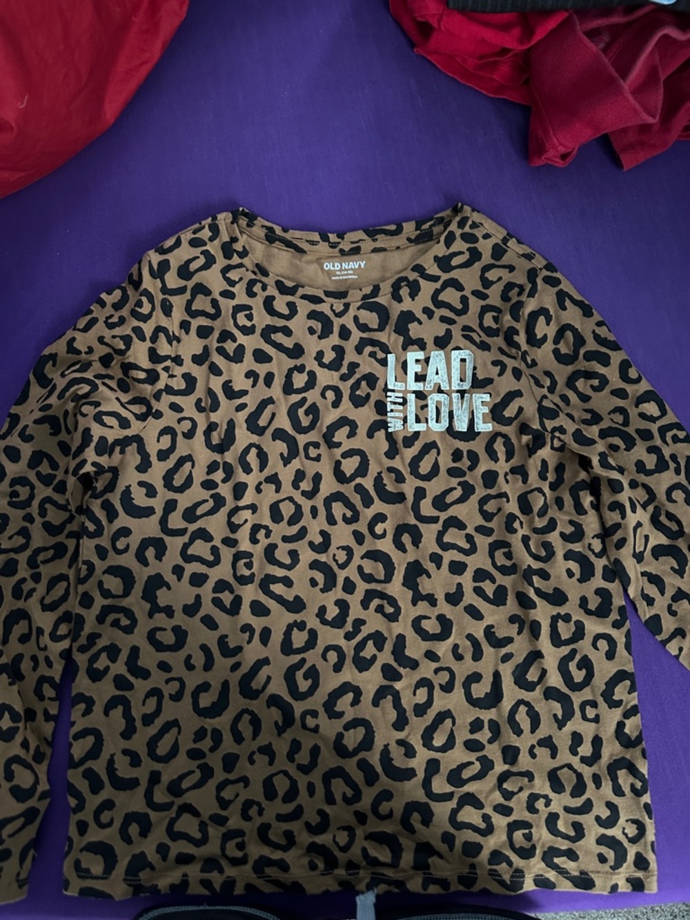 Old Navy Brown and Black Leopard Print Long Sleeve Top with 'Lead With Love'